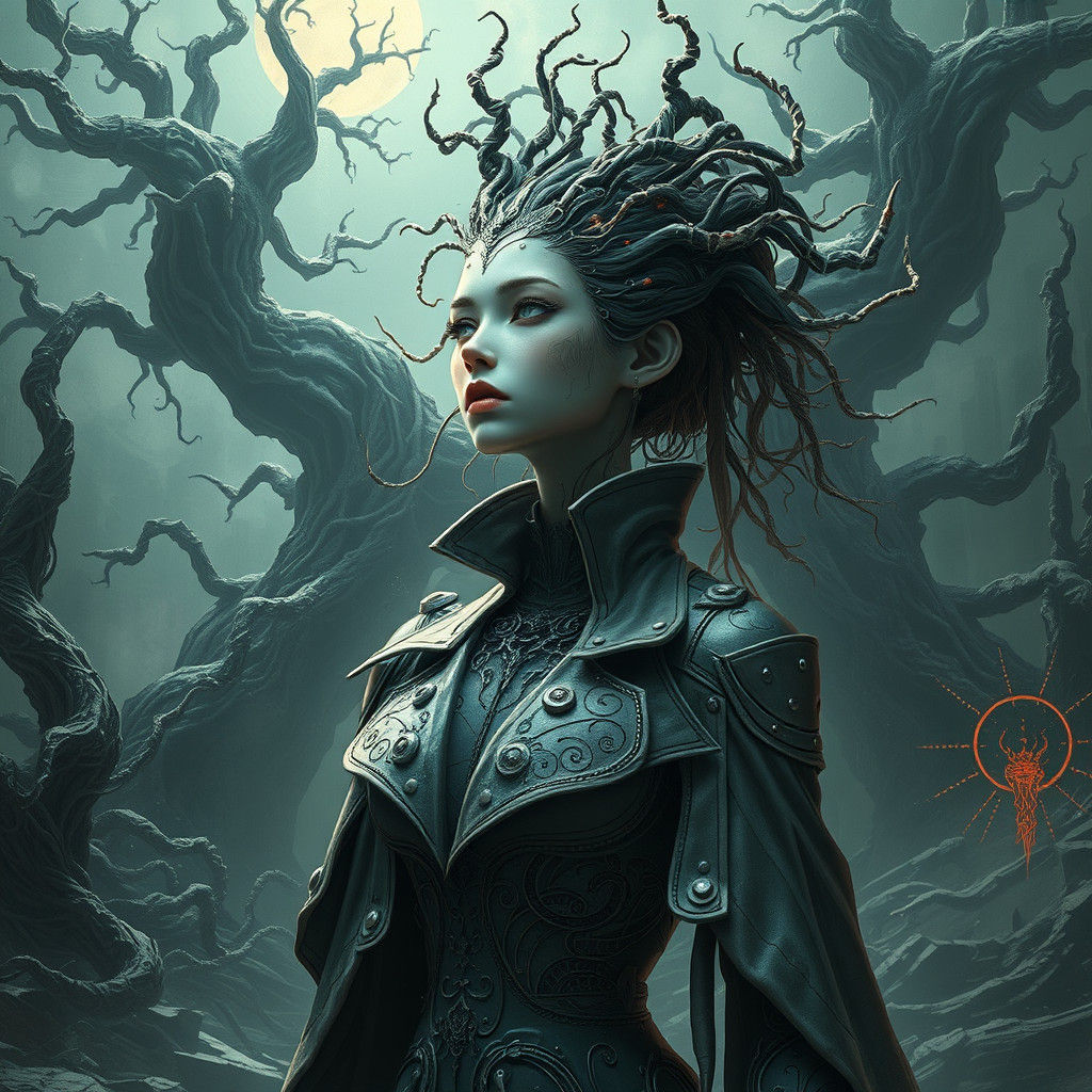 Ethereal Biopunk Queen in Dystopian Cybernetic Landscape