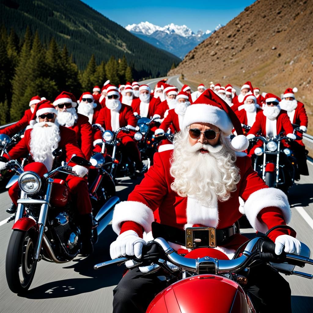 Santa Motorbikers Ride on Mountain Highway