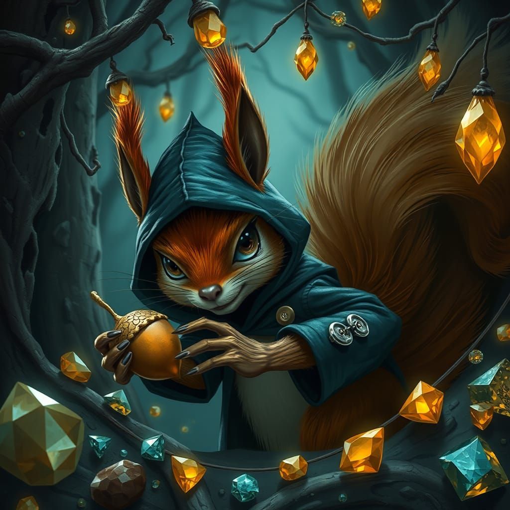 Mischievous Squirrel Thief Stealing Golden Acorn