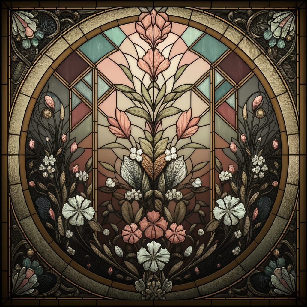 Art Deco Stained Glass Window with Woodland Nymphs