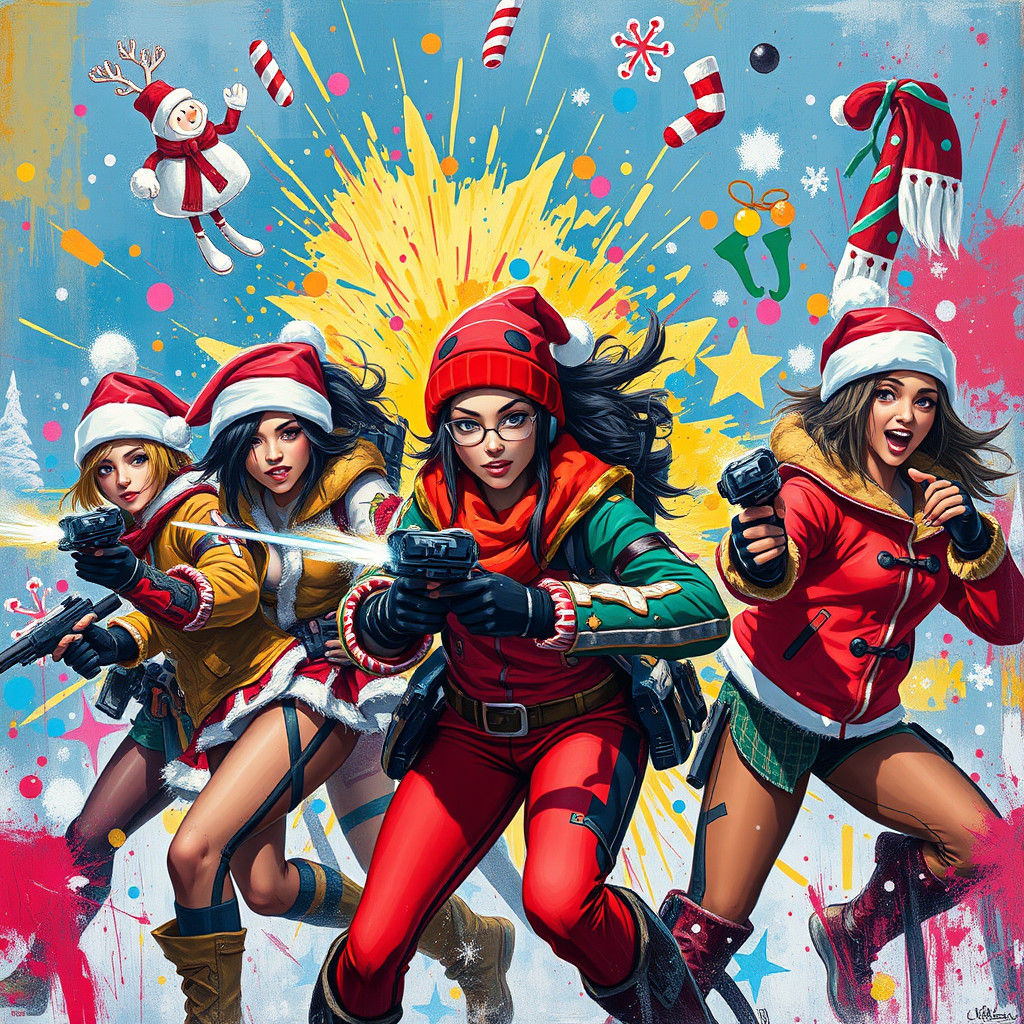 Festive Gamer Girls in Combat: A Digital Art Explosion