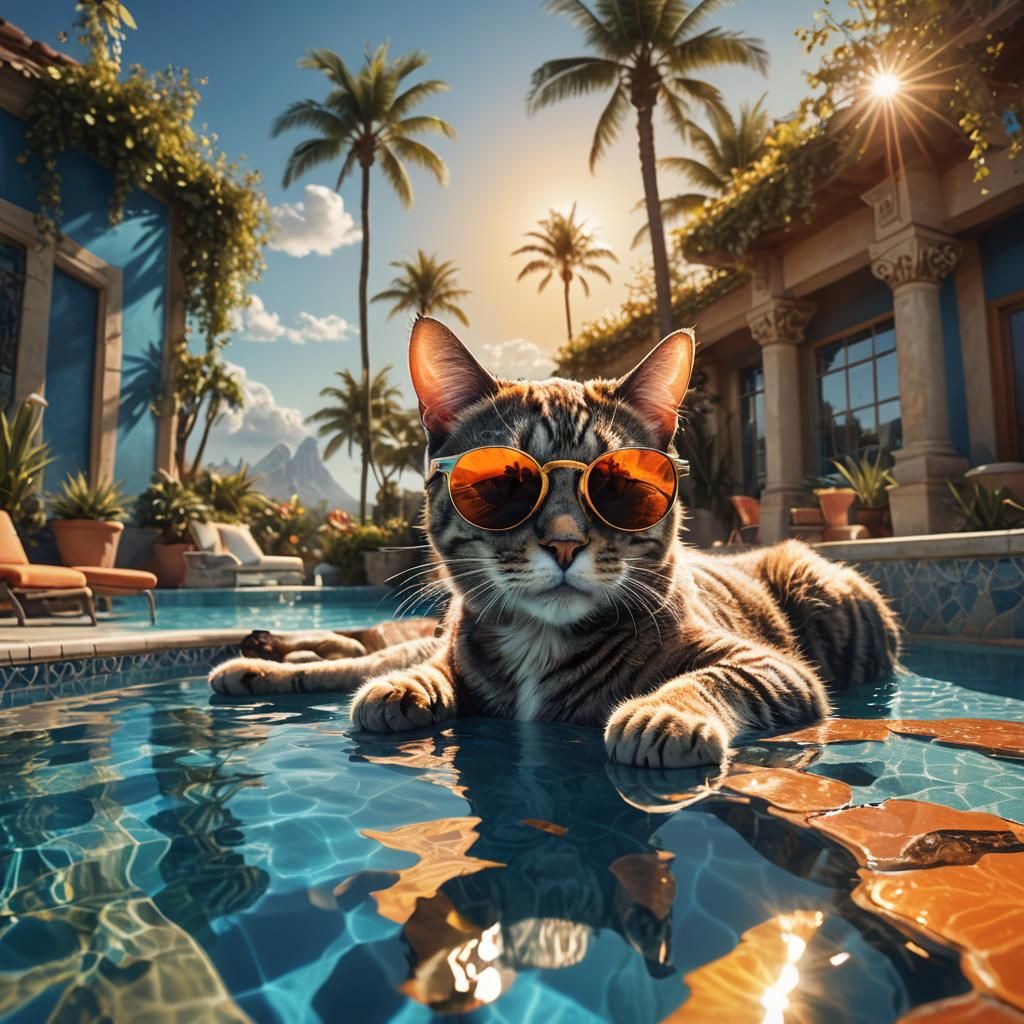 Cat in Sunglasses: Photorealistic Poolside Fantasy
