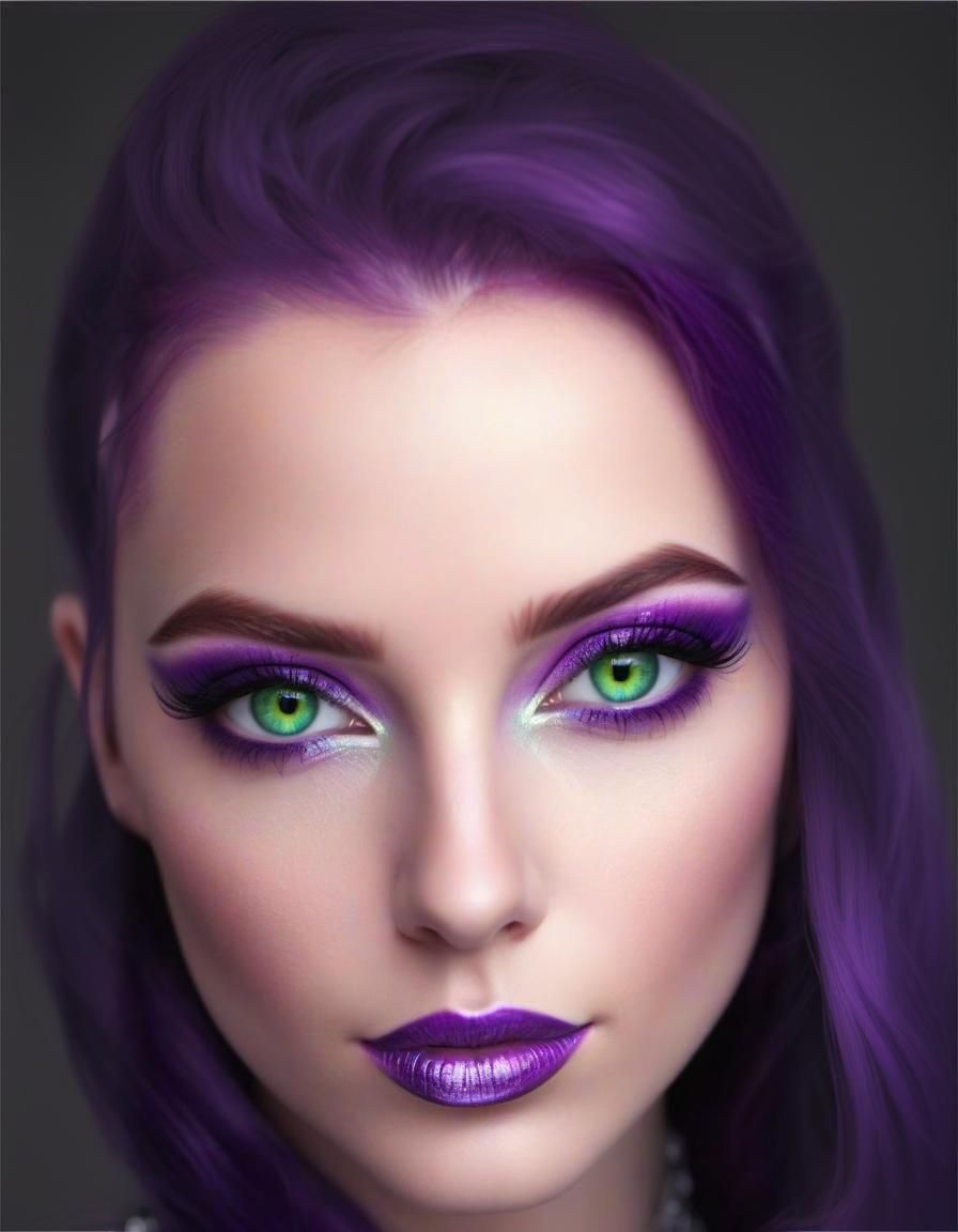 Ethereal beauty with purple hair and green eyes with purple eyeshadow with purple eyeliner and purple lipstick and white...