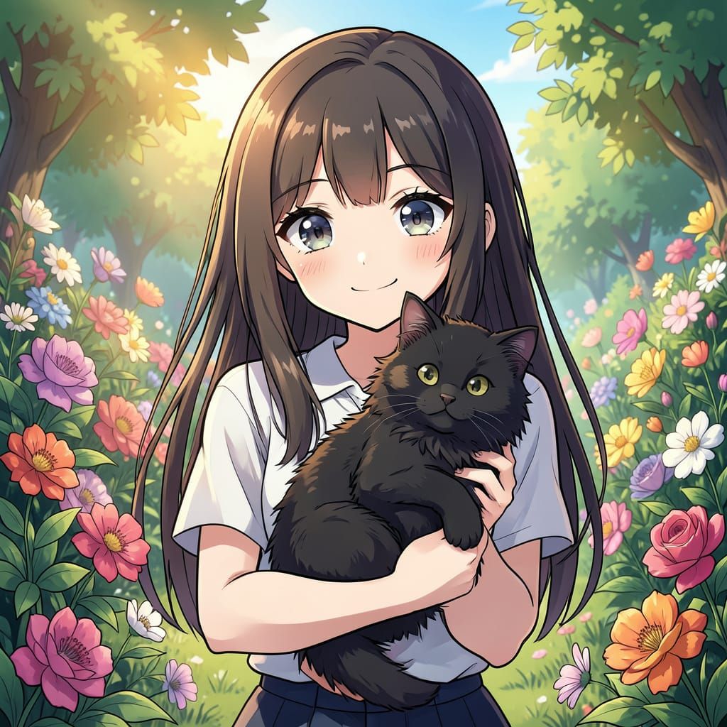 Girl and Black Cat in Blooming Garden Manga Art