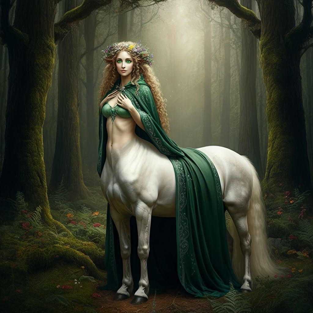 A lithe, Caucasian female centaur with the lower body of a muscular white horse, blending seamlessly into the torso of a...