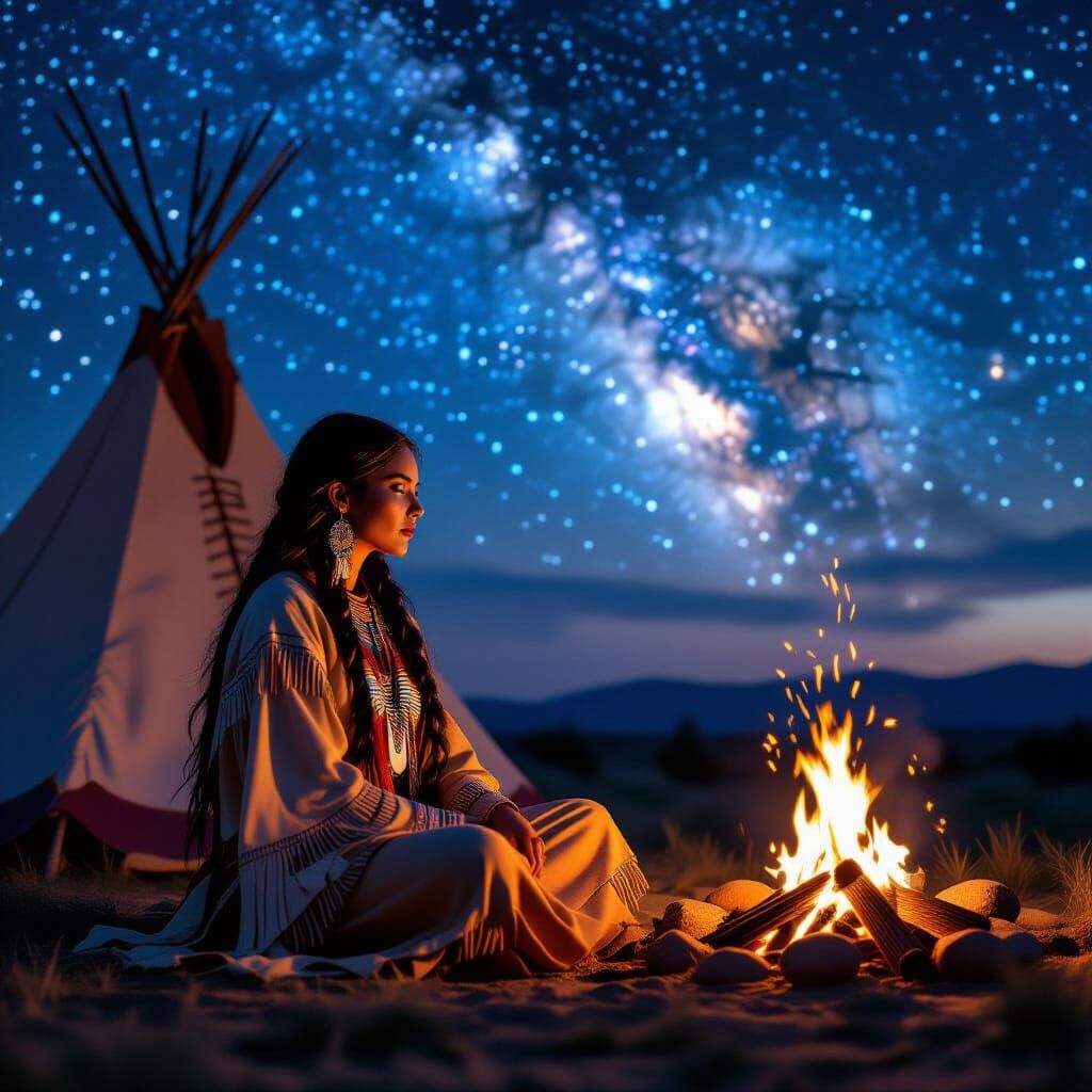 Indigenous Woman by Fire Under Starry Sky in 3D Anime