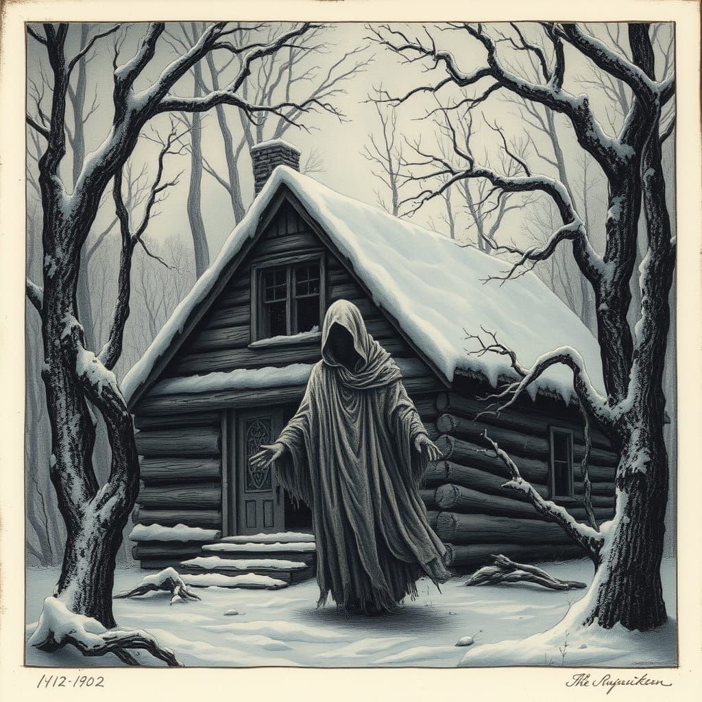 Ethereal Spirit Haunts Snowy Cabin in Dark Forest