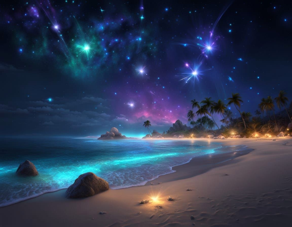 Astral Cosmic Beach Scene with Shooting Stars