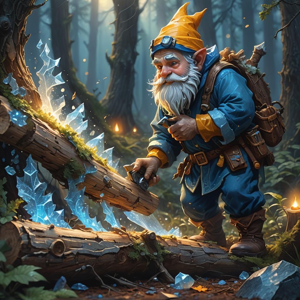 Gnome Carpenter Saws Crystalline Log in Misty Forest