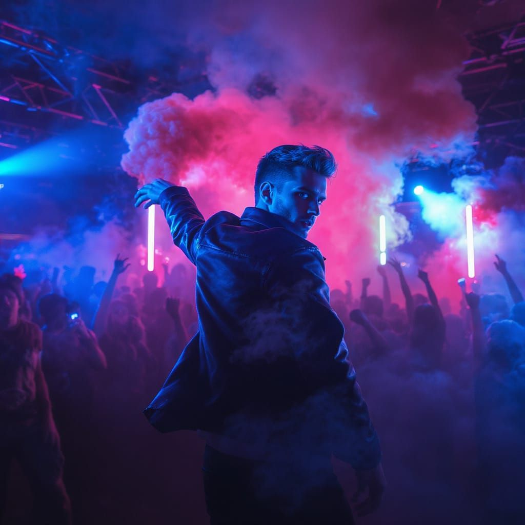 Man Dancing in Neon-Lit Nightclub