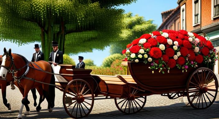 A biers with a casket inside it is horse-drawn and passes by on a cobblestone road - many different kinds of flowers cov...