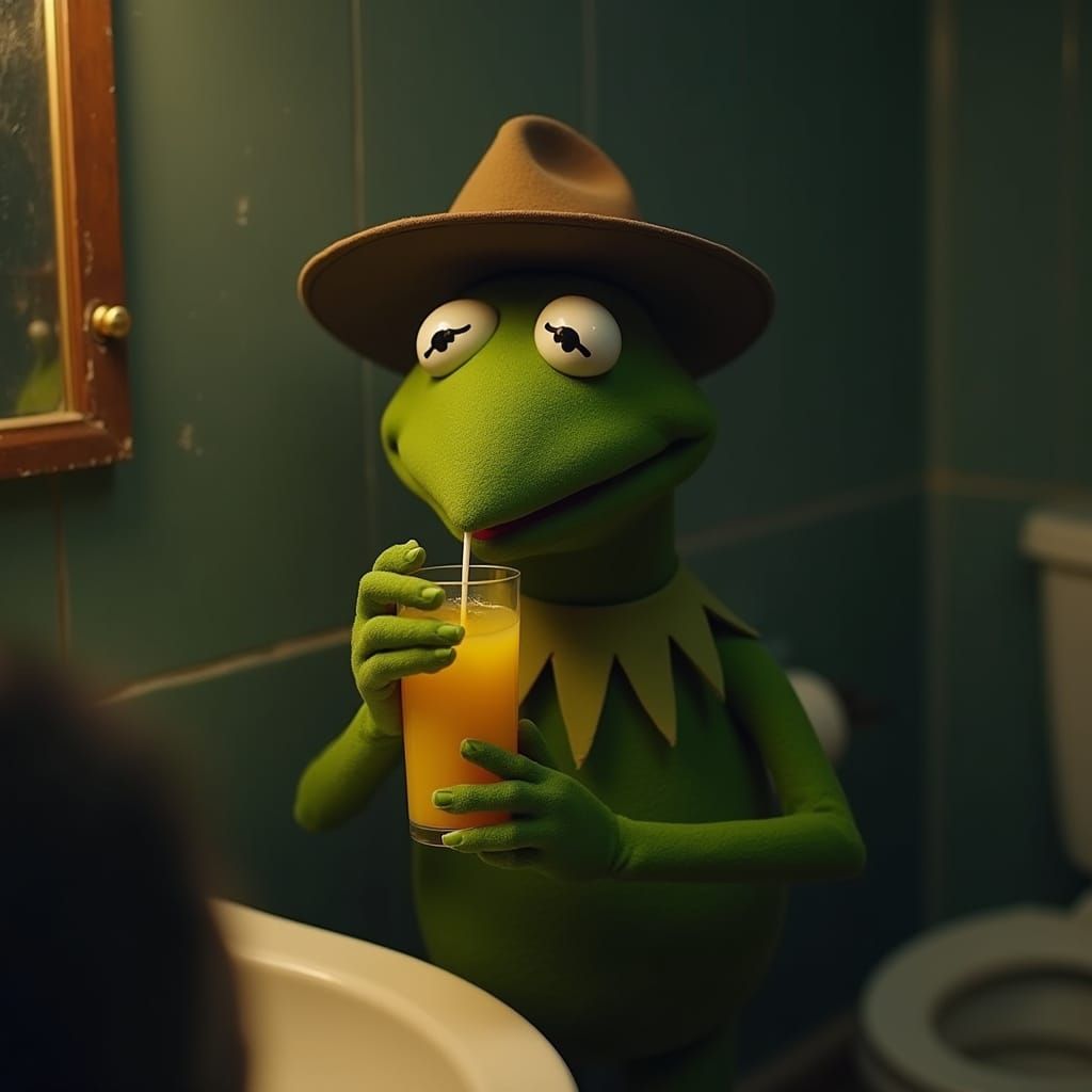 Kermit Sipping Juice in Gritty Film Noir Style