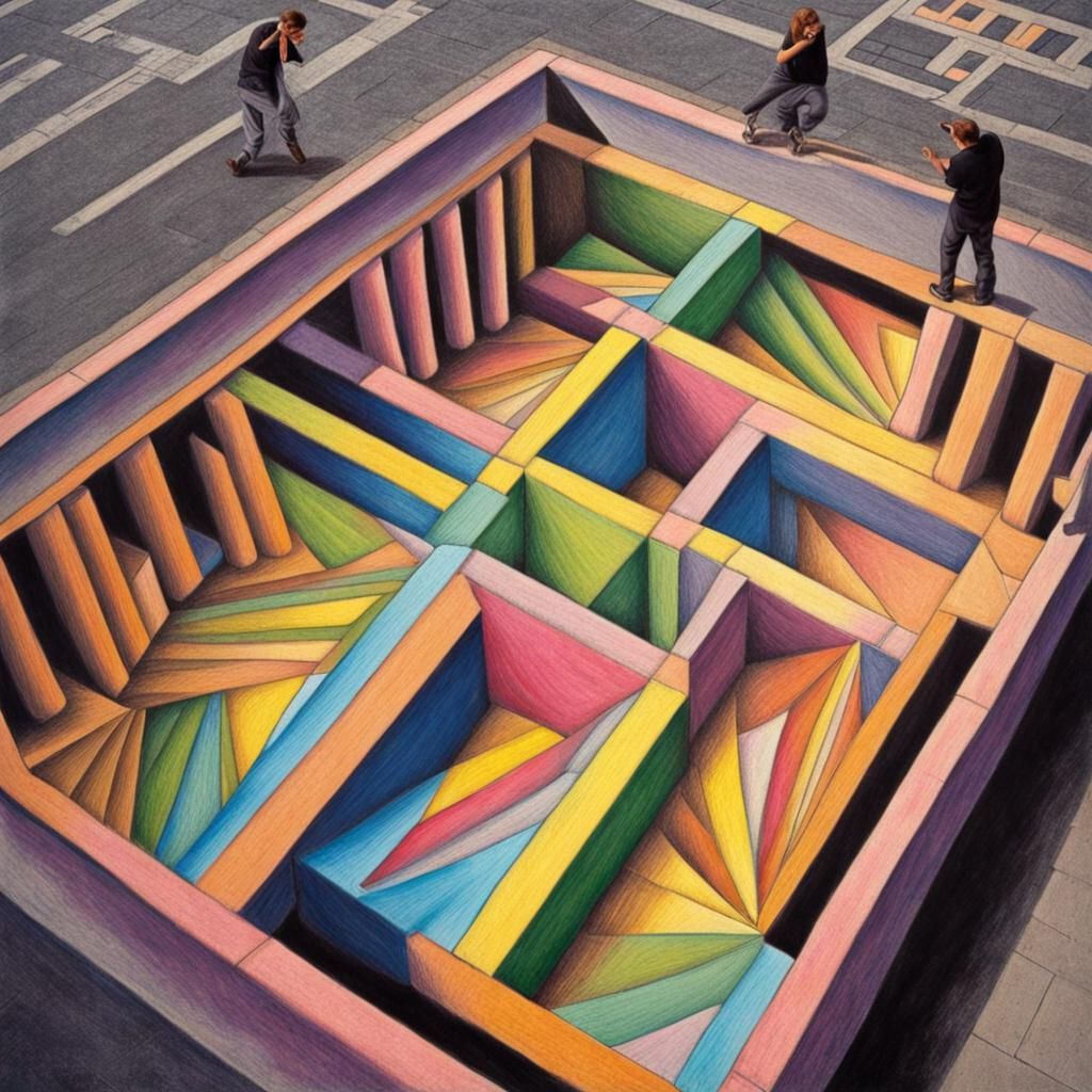 Vibrant bright sidewalk chalk optical illusion drawing  by E...