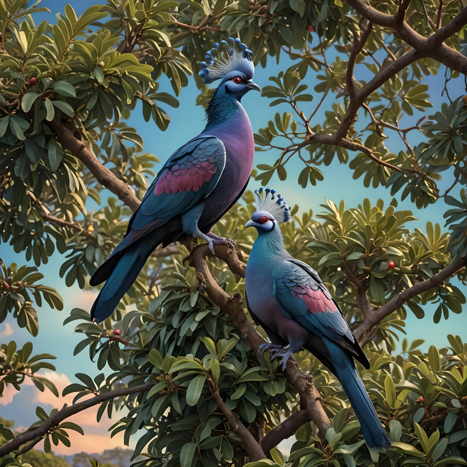 Crowned Pigeon Perched on Avocado Tree