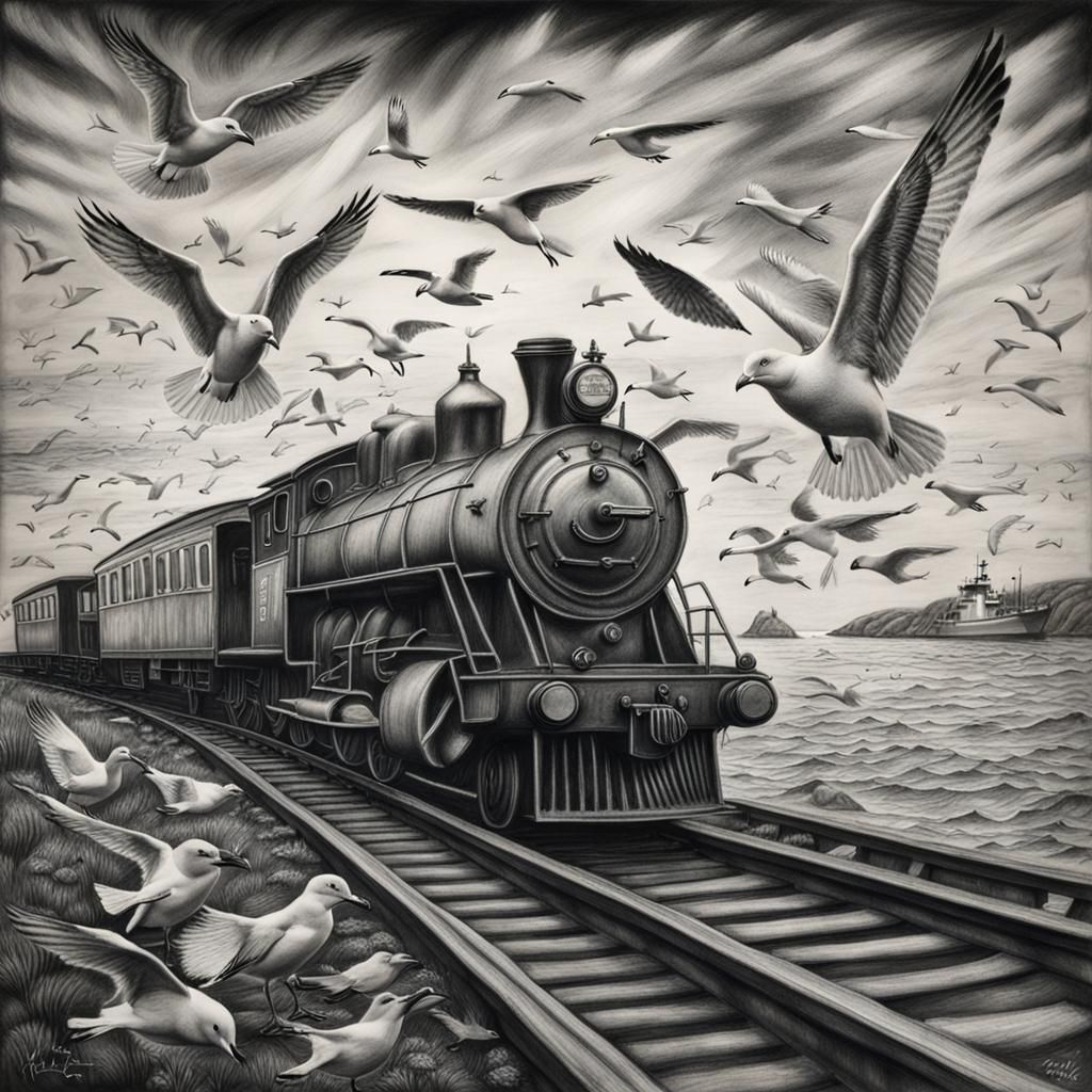 Train Pursued by Marine Life: Charcoal Drawing