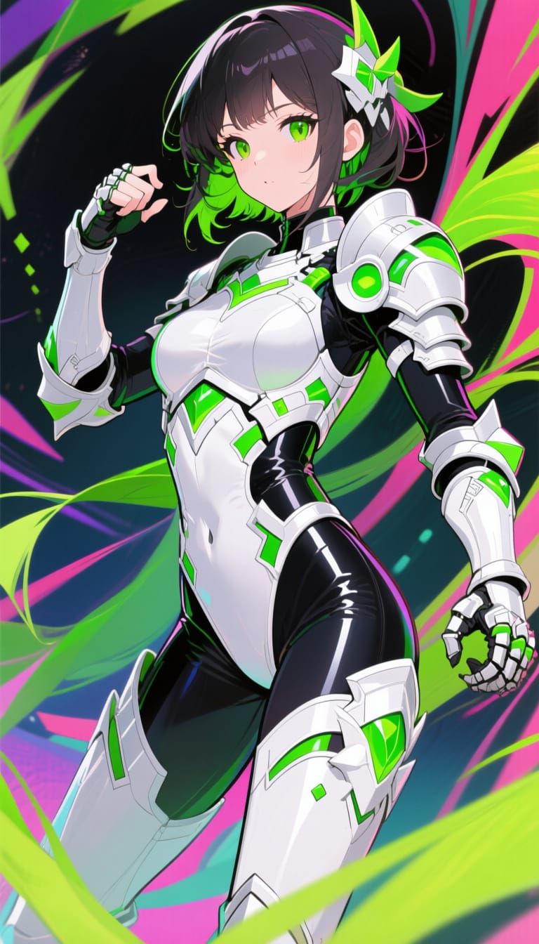 Anime Girl in Armored Bodysuit with Green Accents