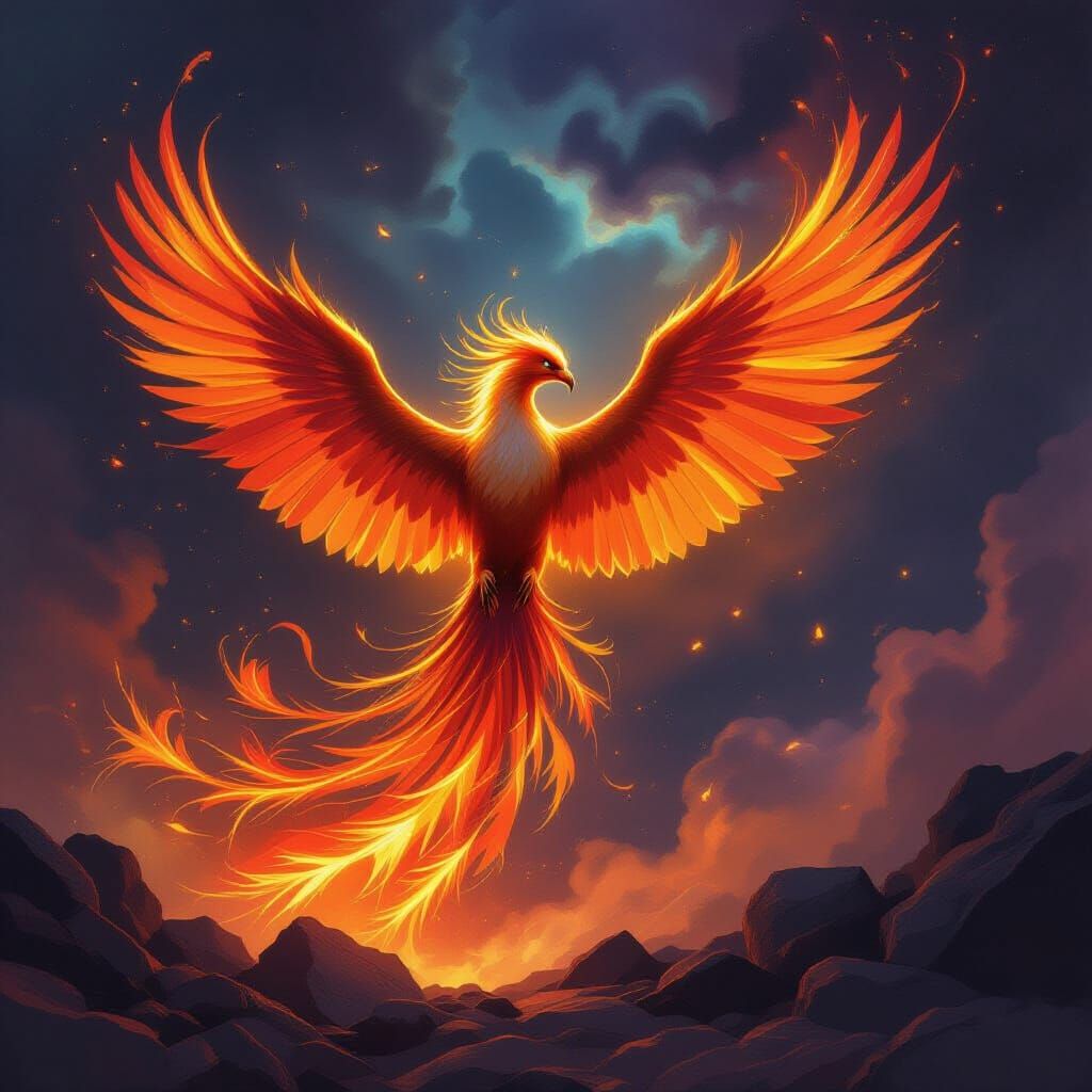 Majestic Phoenix Rises from Ashes in Fiery Nebula