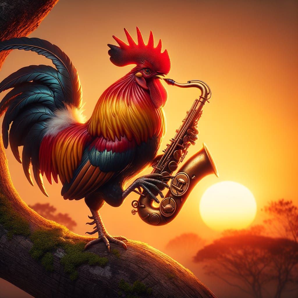 A Rooster Shines with Saxophone in Dawn's Golden Light