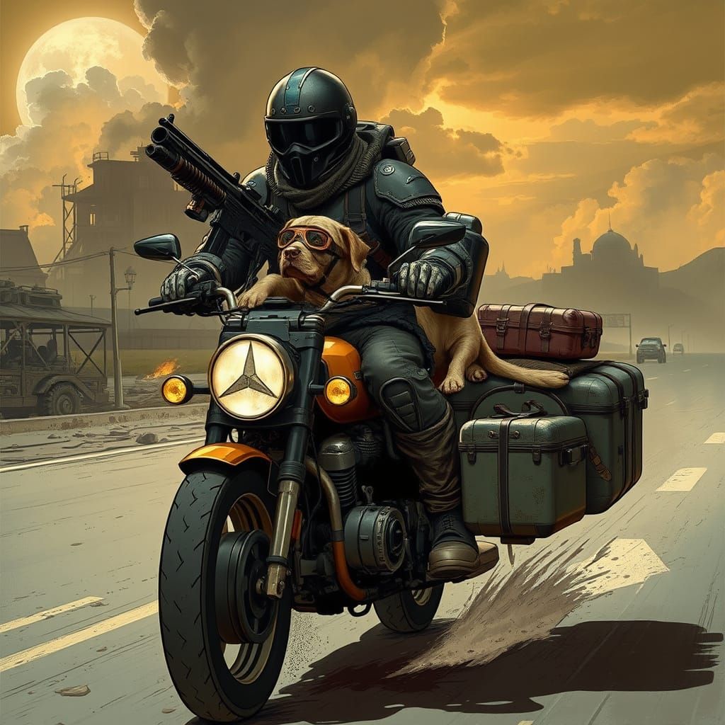 Post-Apocalyptic Rider and Dog on Motorbike