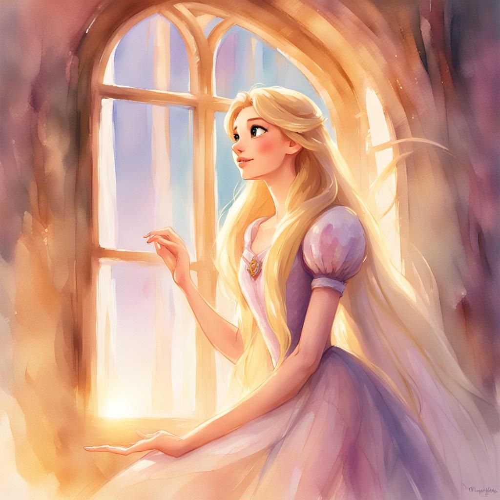 Rapunzel in Tower: Dreamy Watercolor Concept Art
