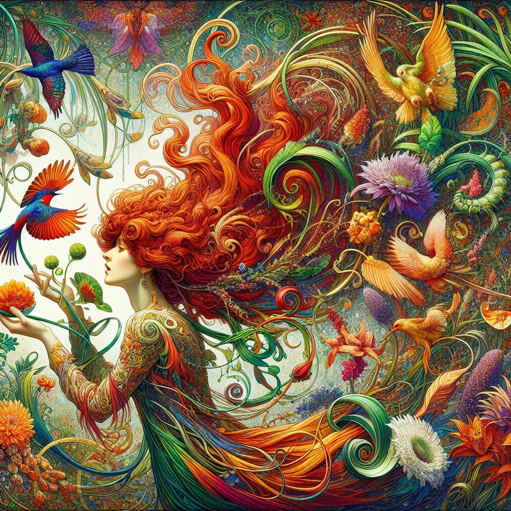 Art Nouveau Woman with Exotic Flora and Bird