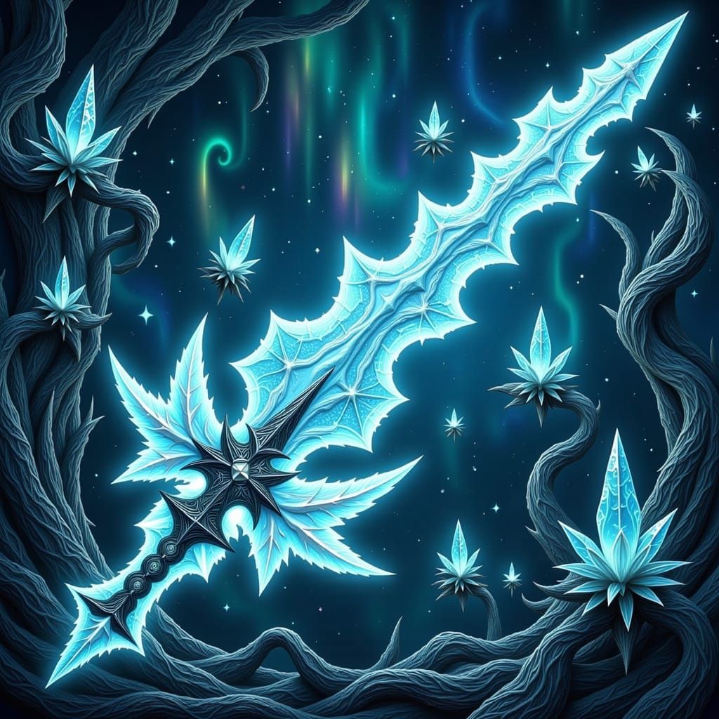 Surreal Ice Sword with Iridescent Scales and Frosty Fur in a...