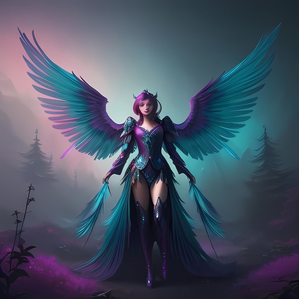 Teal and Magenta Winged Angel Warrior