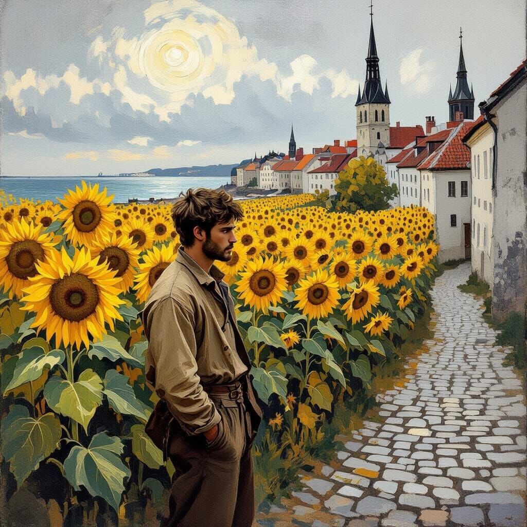 Contemplative Figure in Sunflower Field, Impressionistic Sty...
