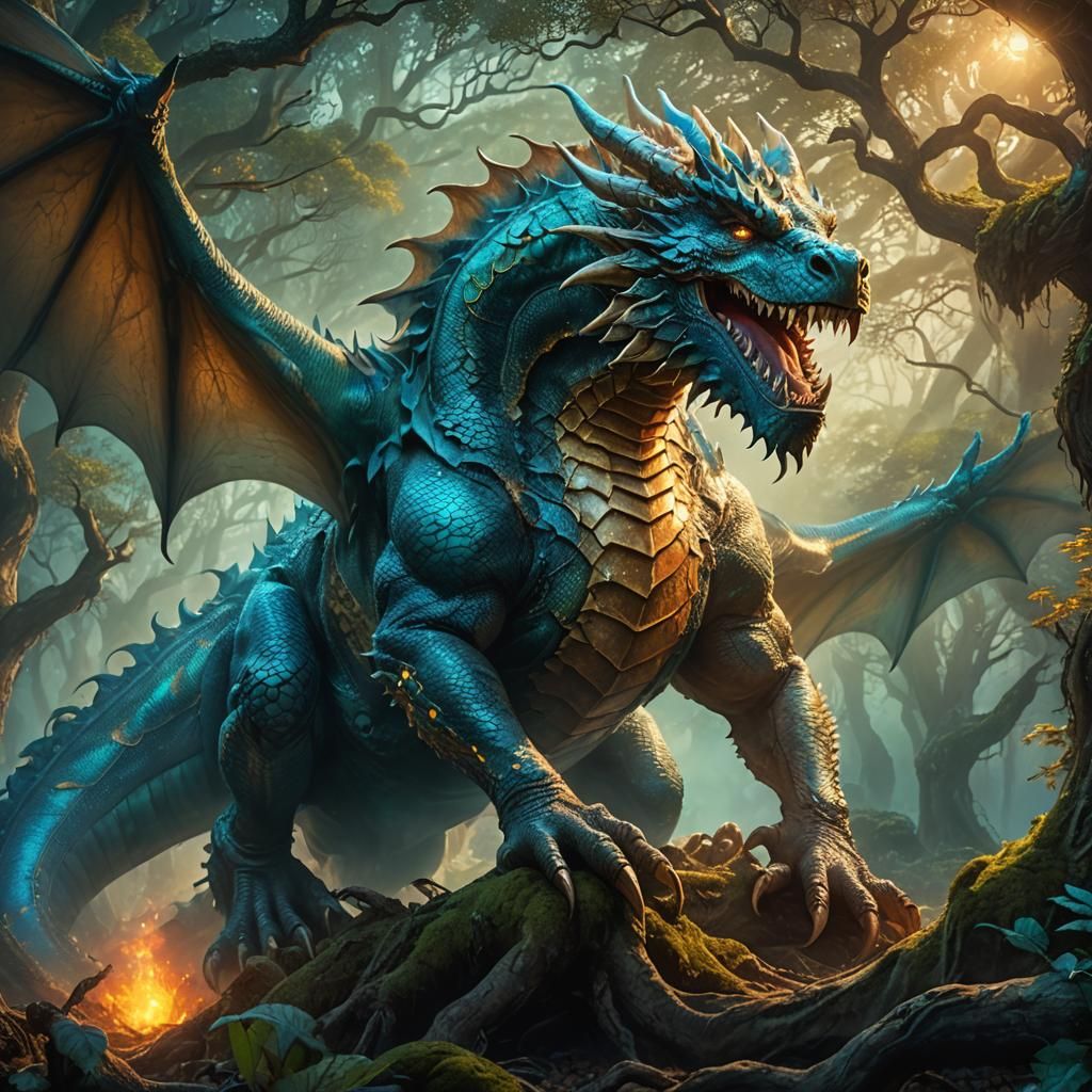 Fantasy Dragon in Mystical Forest: Digital Illustration