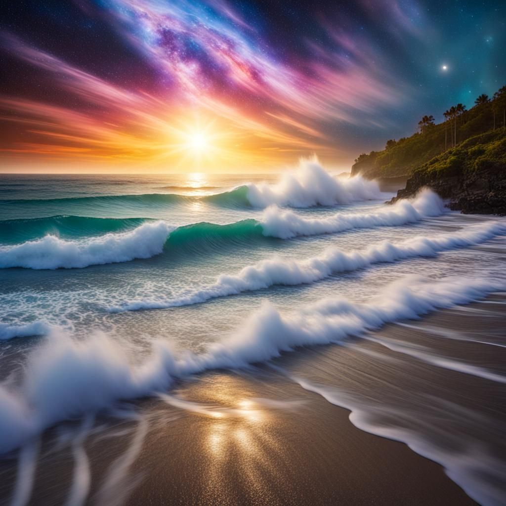 Multicolor Starry Night Over Ocean Waves