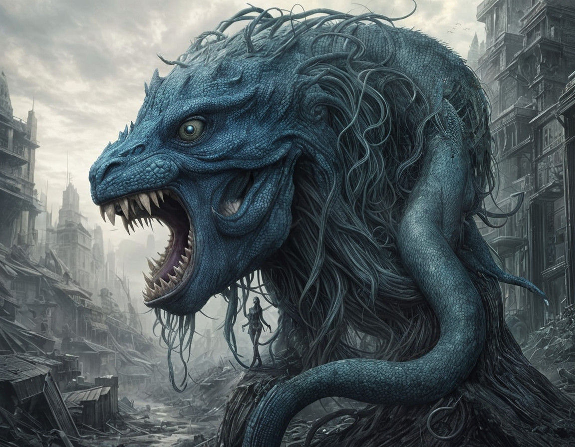 Gigeresque Blue Beauty in Postapocalyptic Ruin