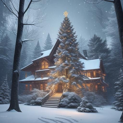 Winter Wonderland Christmas Tree Scene in Fantasy Art