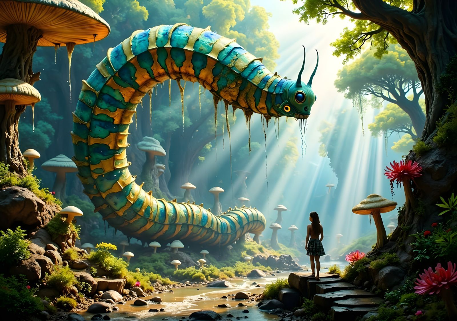 Colossal Caterpillar in Fantastical Forest: Surreal Scene
