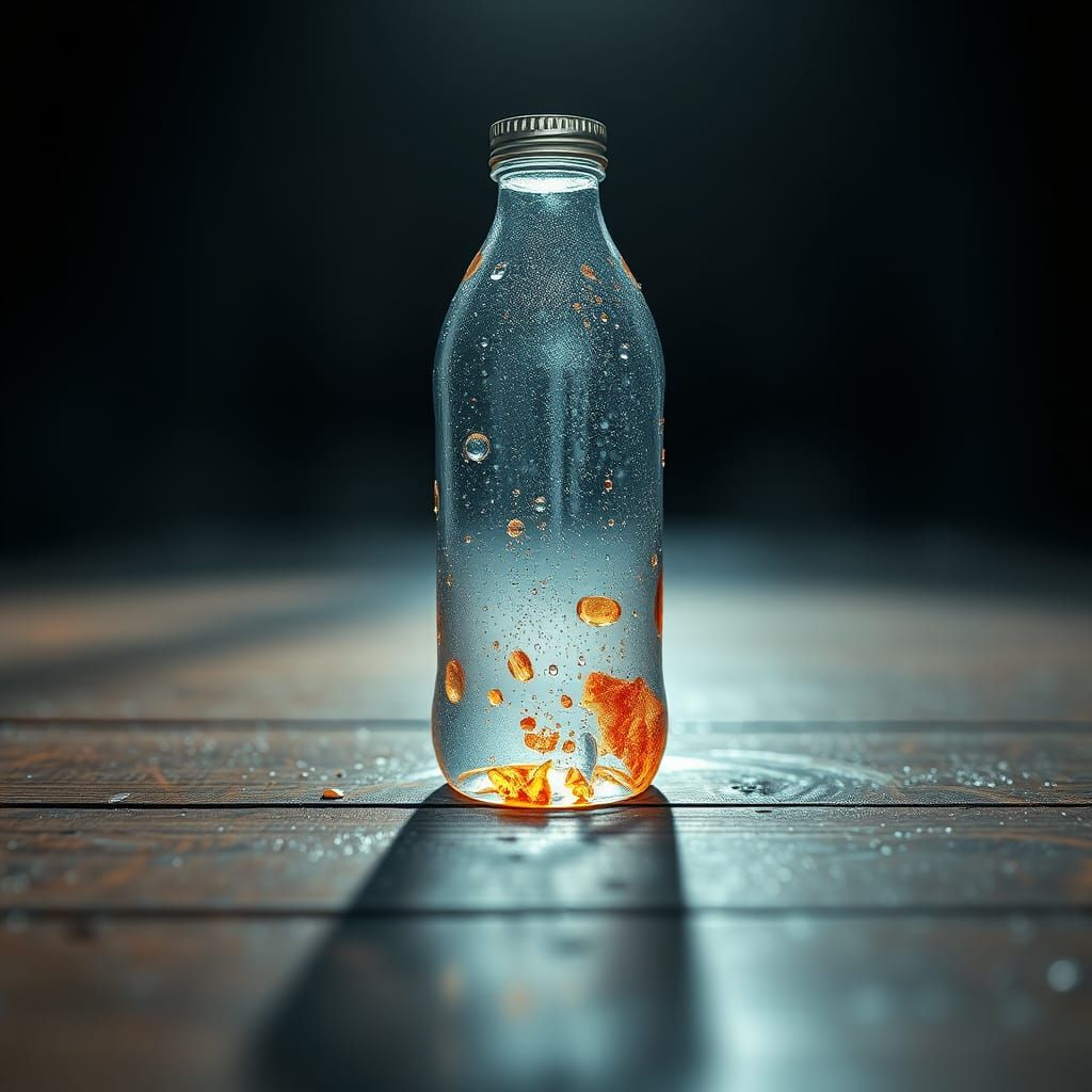Distressed Water Bottle: 3D Render in Cinematic Style