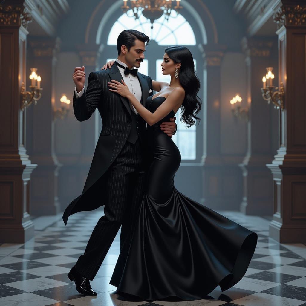 Elegant Couple Dancing in Rundown Mansion, Digital Illustrat...