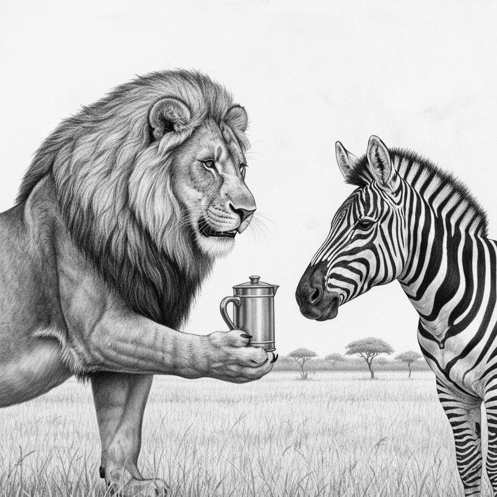 Lion Serves Zebra Coffee in Detailed B&W Savannah Drawing