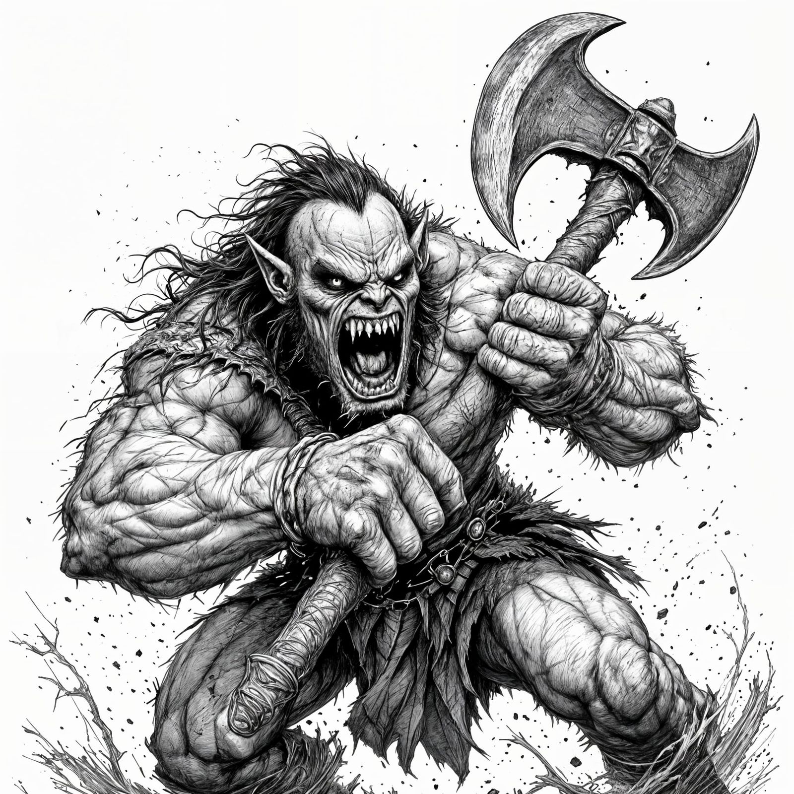 Raging Orc with Axe in Pen-and-Ink Style
