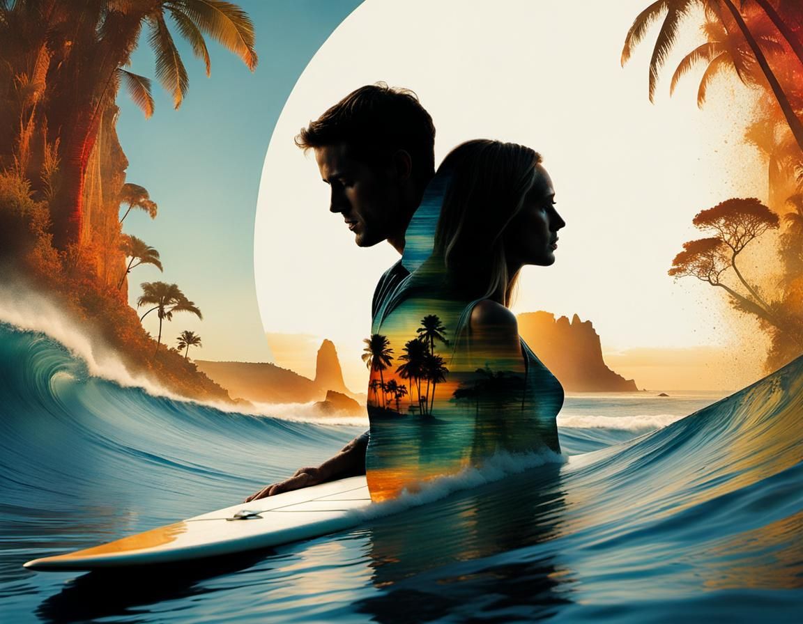 Romantic Double Exposure Surfboard Silhouette