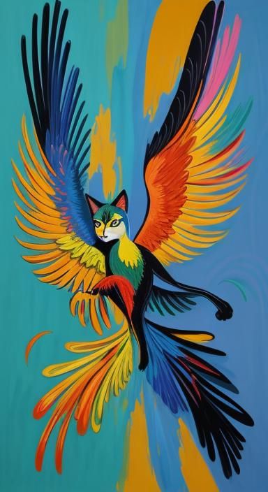 Fauvist Cat with Wings in Sunlight