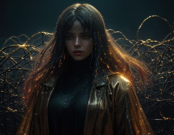 Figure Trapped in Ethereal Nets: Grunge Oil Painting