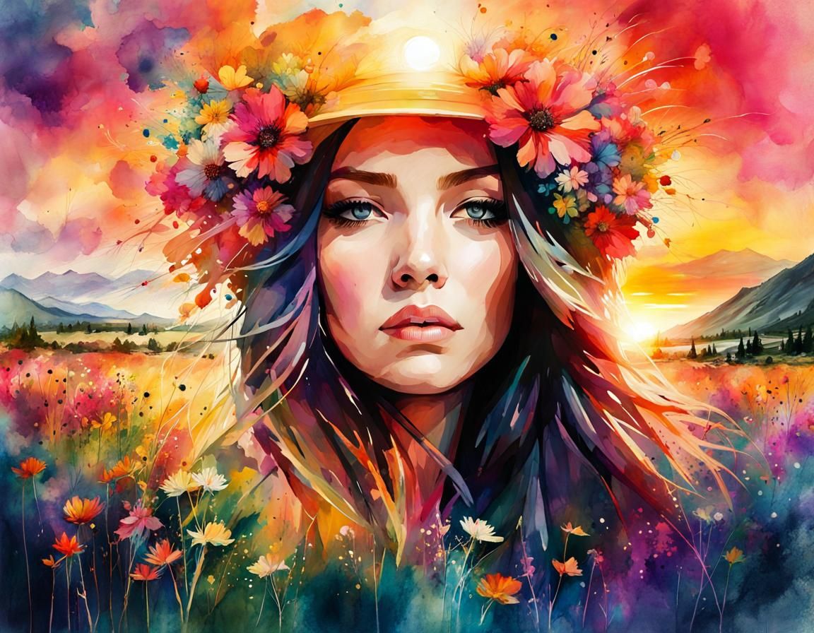 Watercolor Meadow with Vintage Van in Morning Light