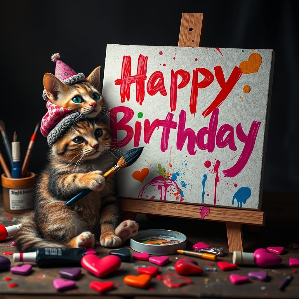Whimsical Cat Painting a Happy Birthday Message