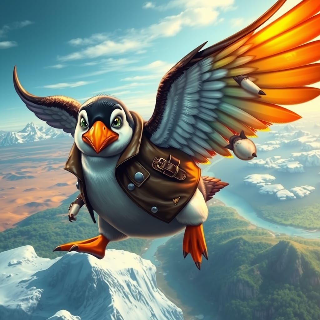 Penguin Aviator Soaring Over Varied Landscapes