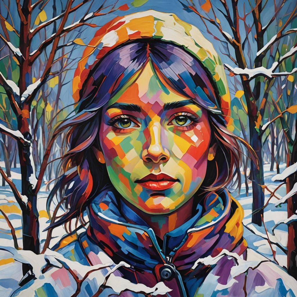 Vibrant Fauvist Portrait in Winter Landscape