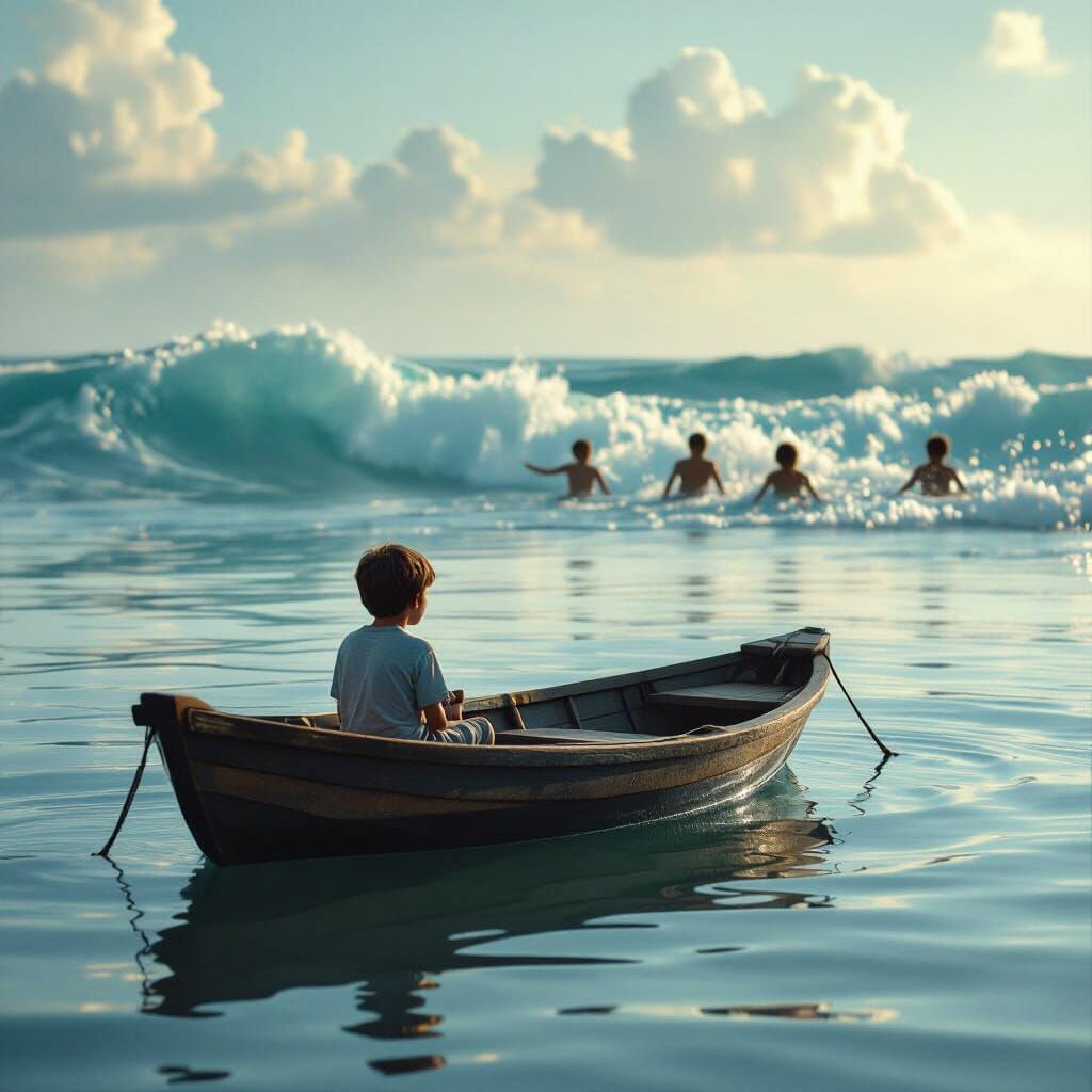Boy in Boat Contrasts Calm River with Distant Turbulent Sea