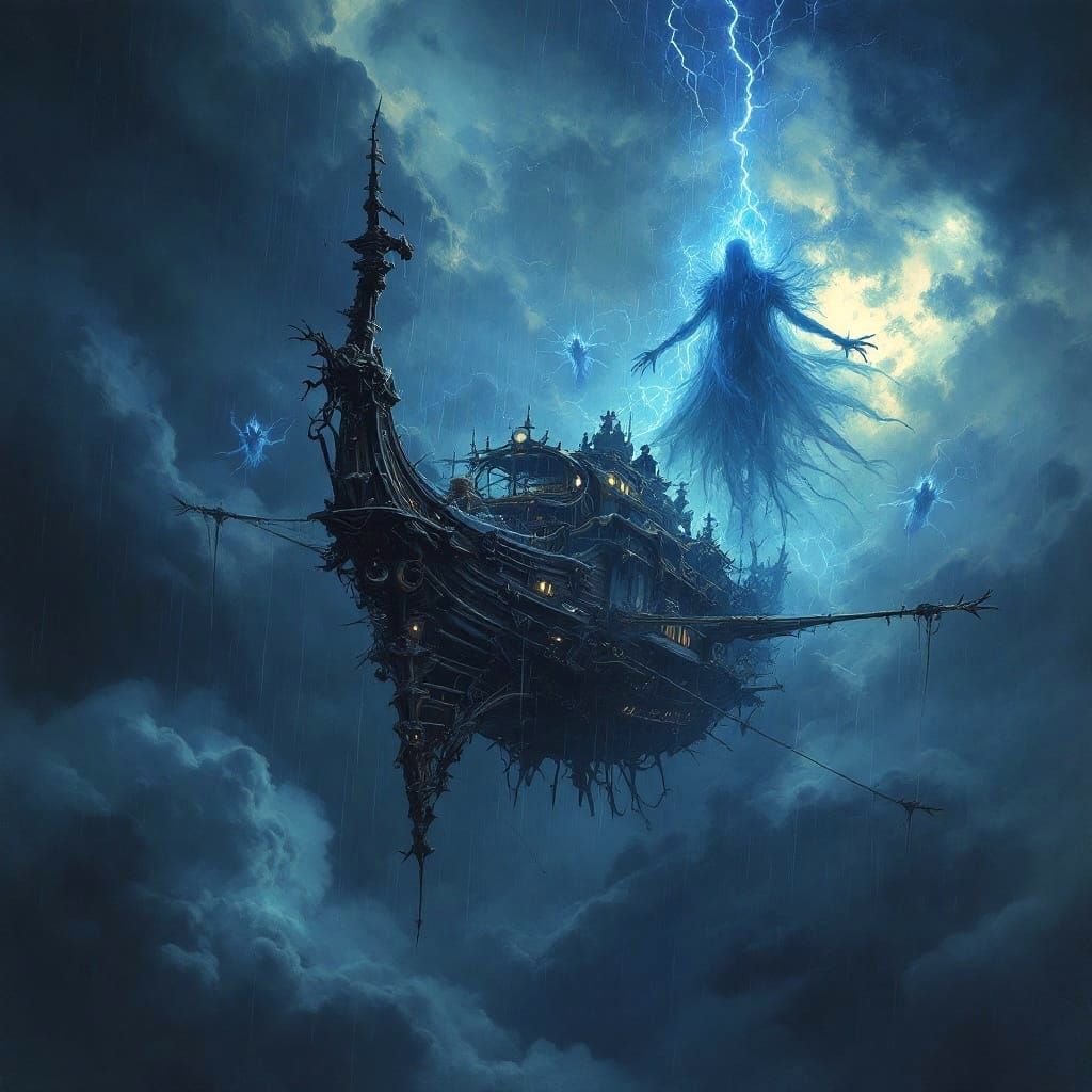 Ethereal Steampunk Predator Soars Through Ominous Skies