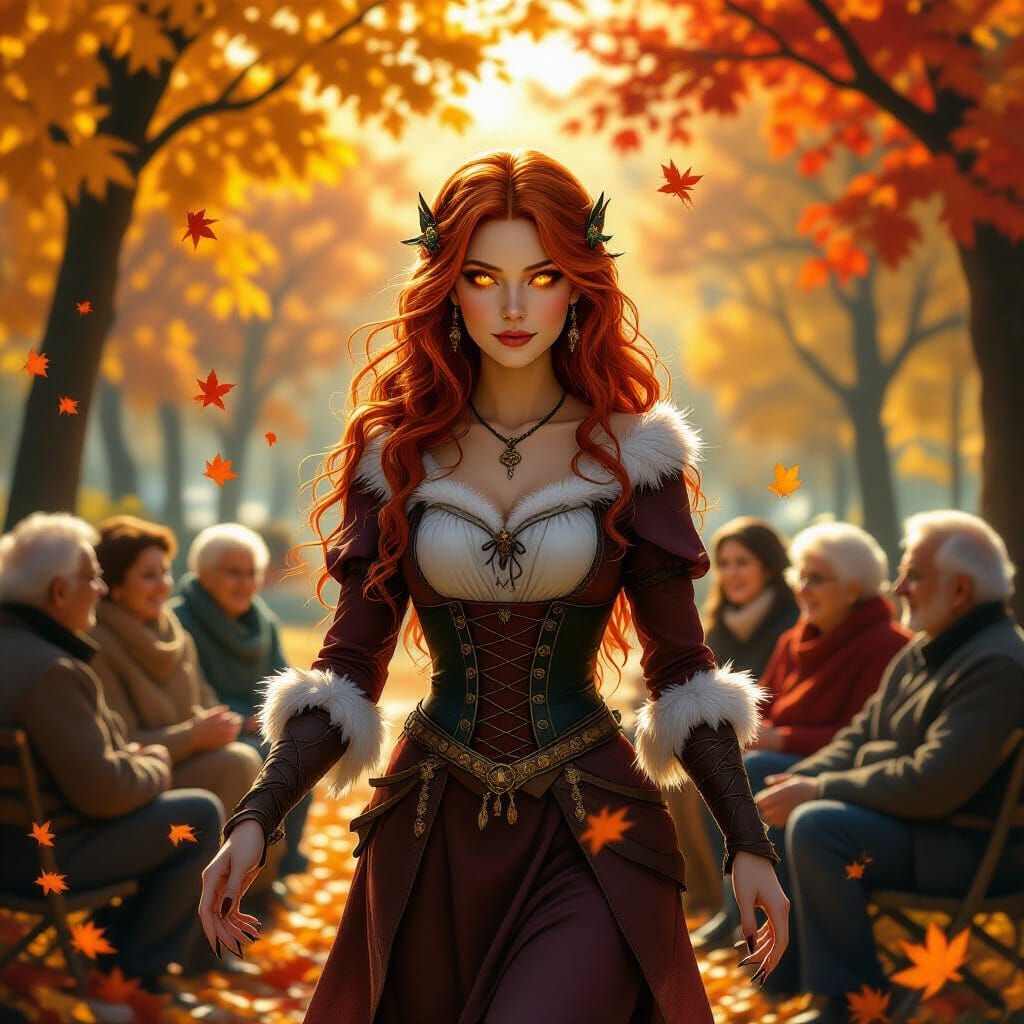 Red-Haired Woman in Autumn Park, Dark Fantasy Style