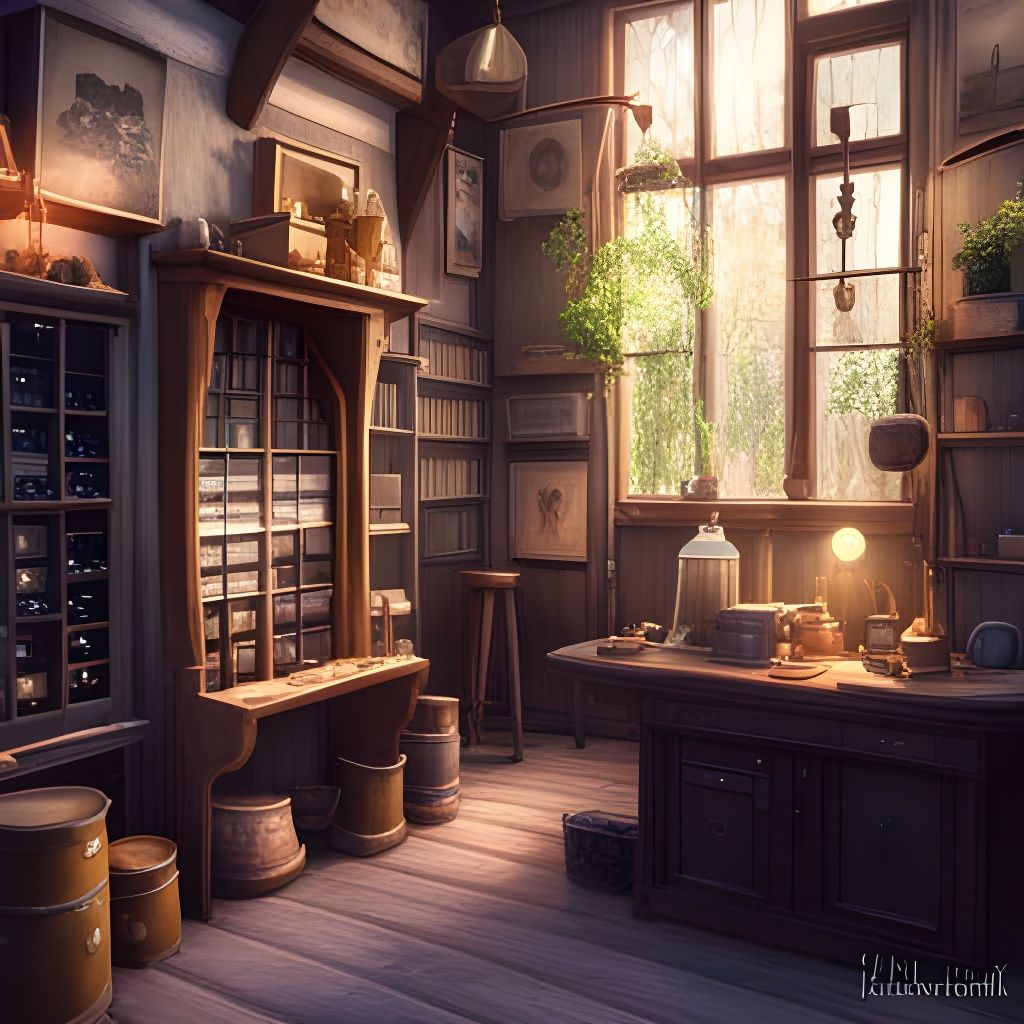 Enchanting Alchemy Shop in Soft Light, 3D Digital Art