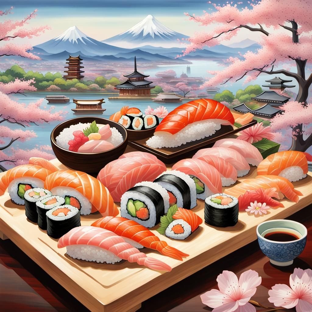 Hyperrealistic Sushi and Japanese Cityscape Painting