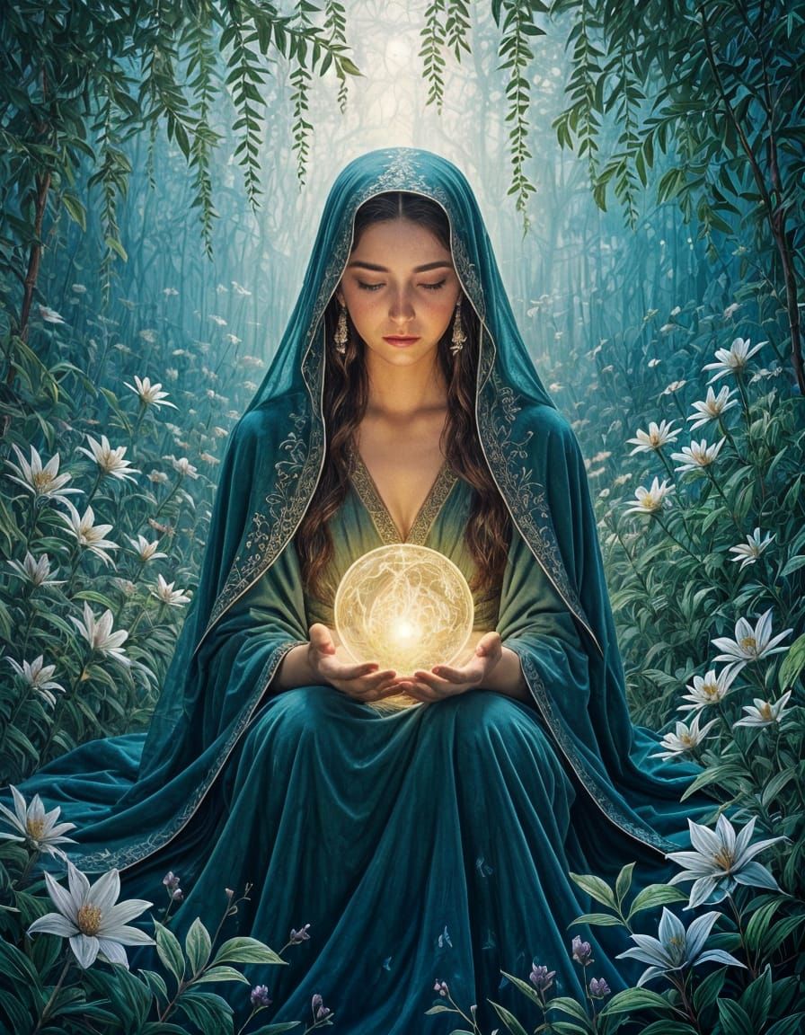 Serene Woman in Mystical Garden with Glowing Orb